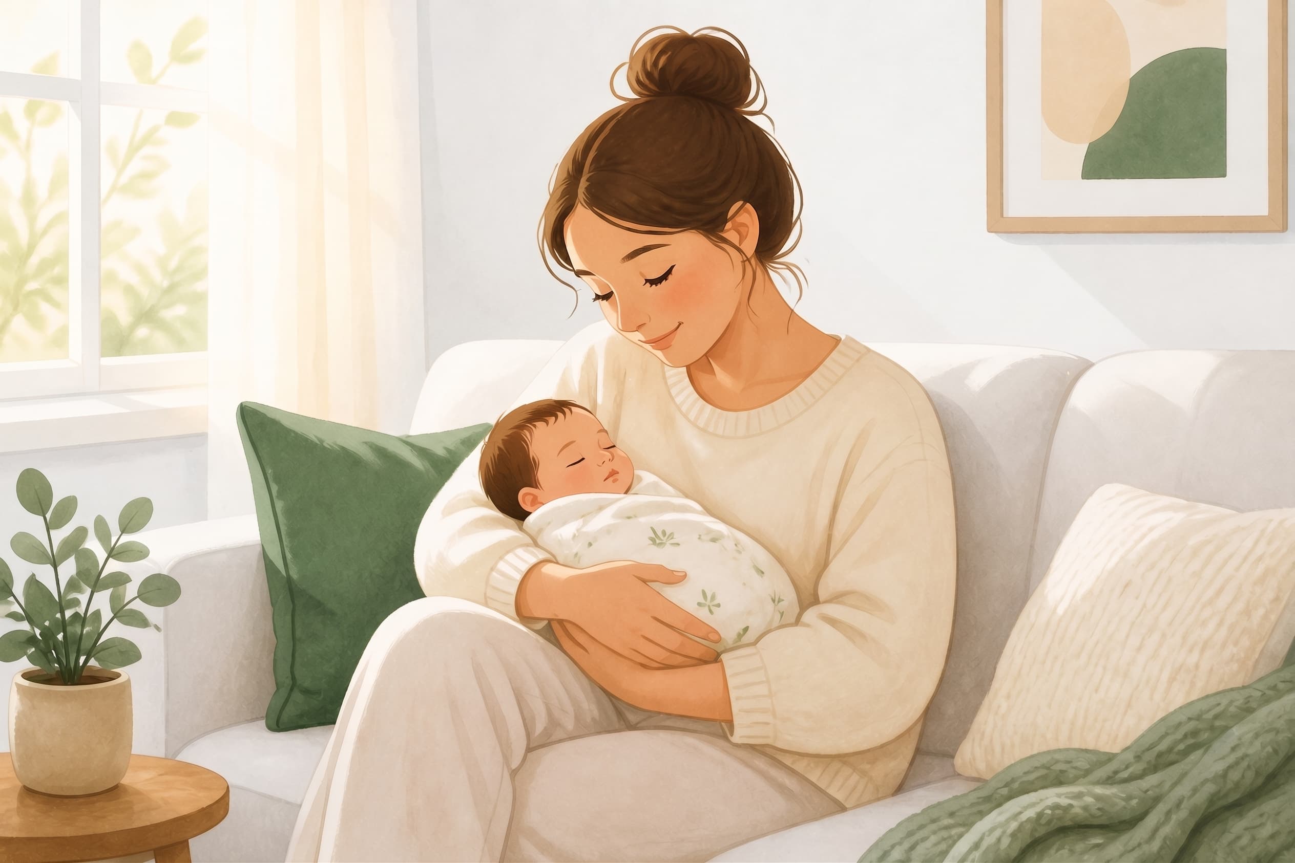 A parent holding their newborn at home during paid family leave
